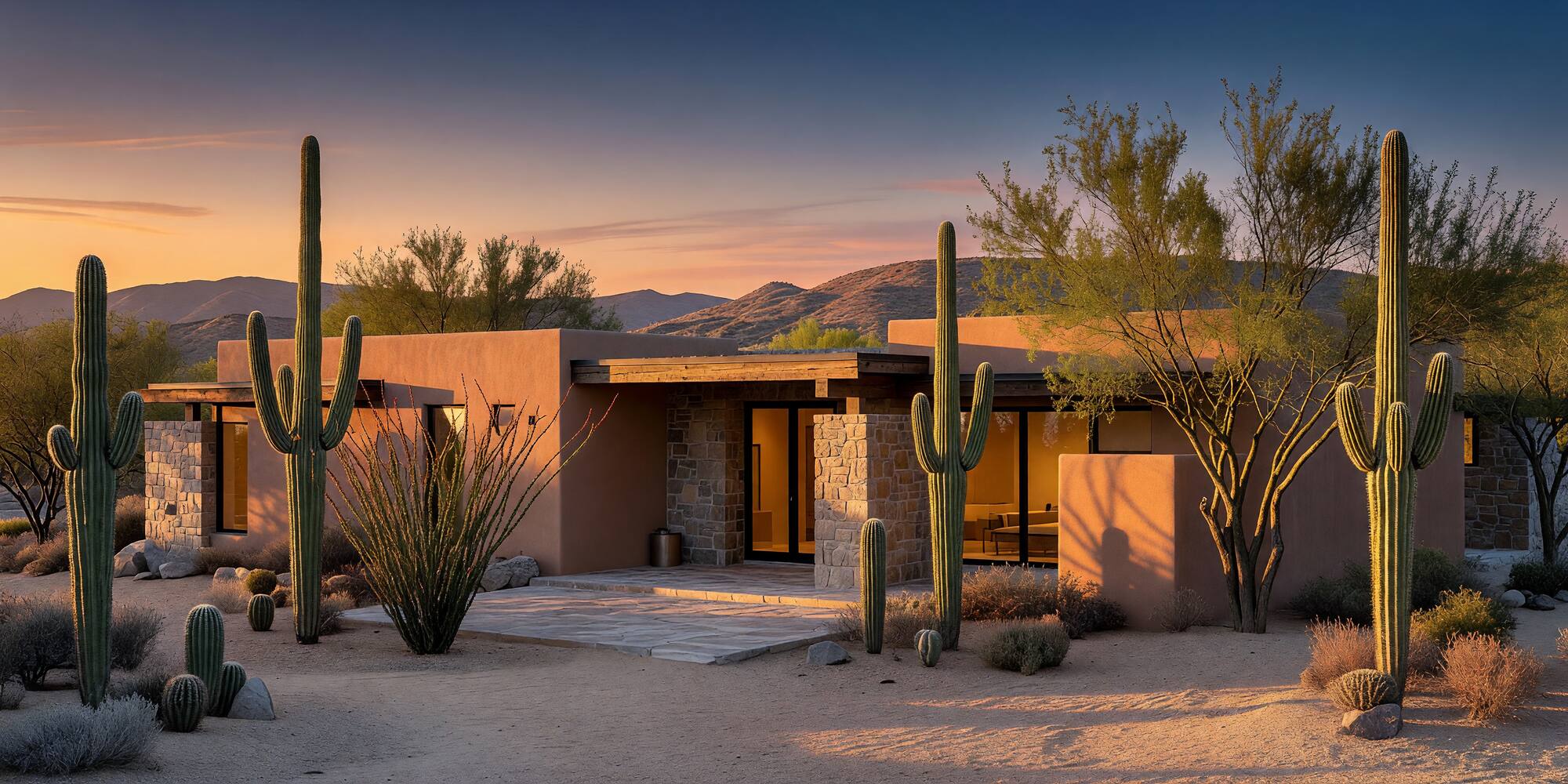 A Sonoran desert home at dusk with saguaro in the foreground