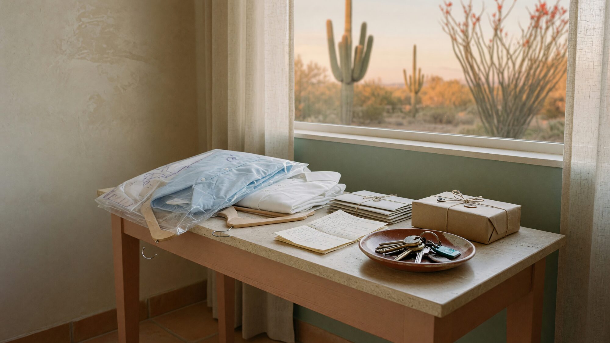 Dry cleaning, a tied bundle of mail and a wrapped parcel staged on an entry table, desert visible through the window