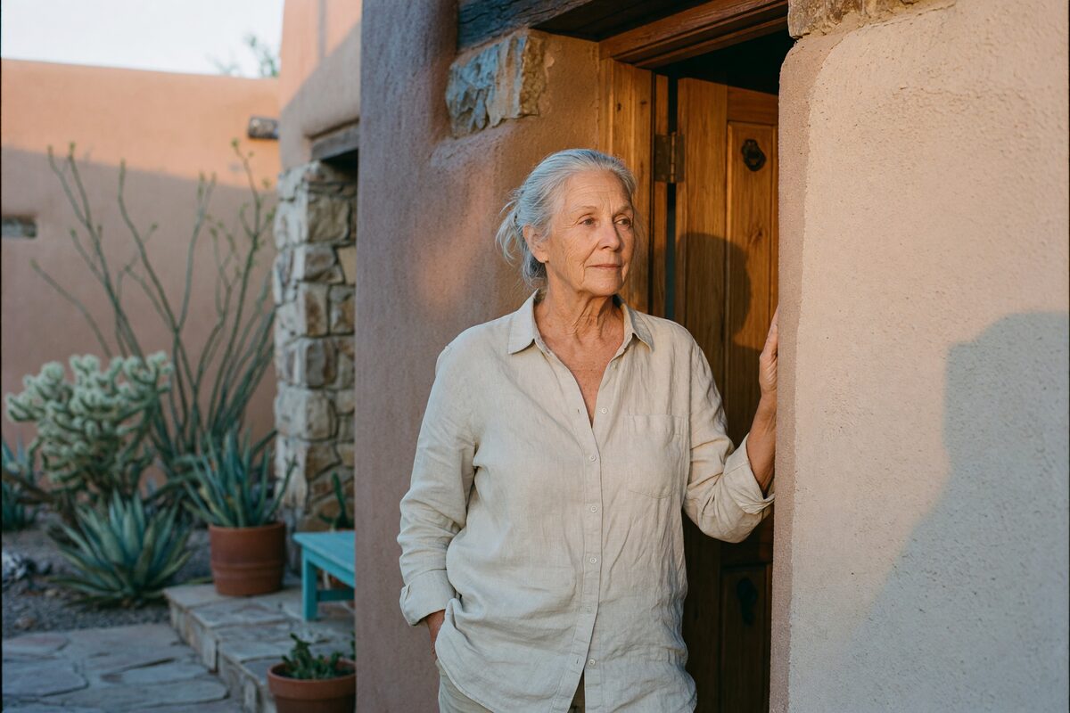 A woman in her seventies standing in the doorway of her home